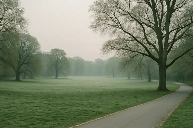Open park lawn with a large old tree on a misty day