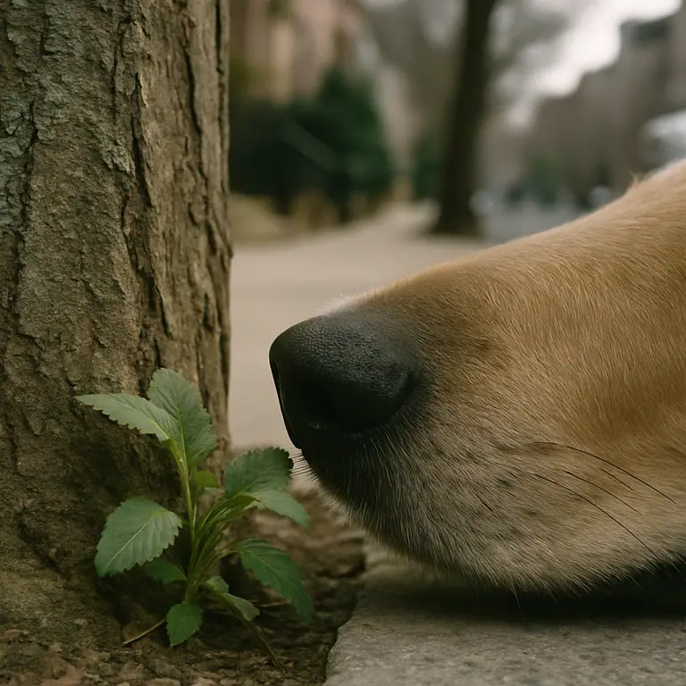 A dog's nose sniffing a seedling at the foot of a tree