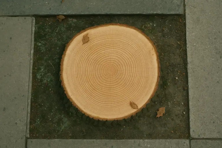 Close-up of a cut tree stump showing its growth rings