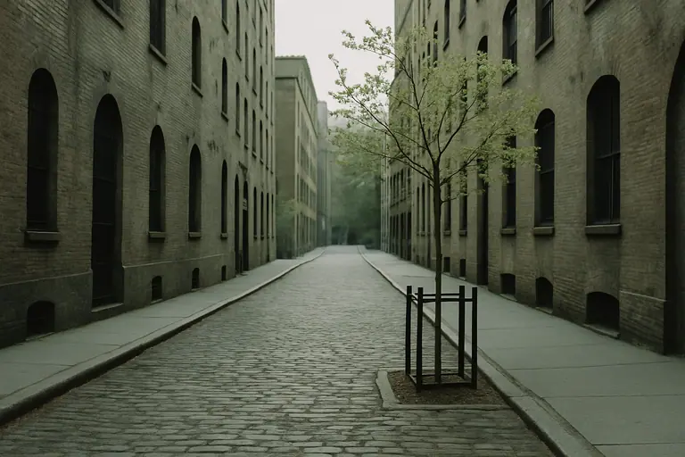 Cobbled street between brick warehouses with a young tree