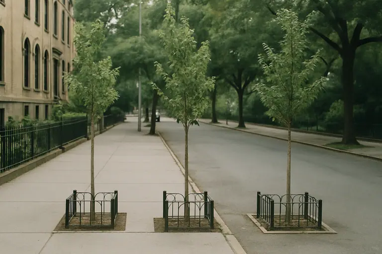 Three young trees in iron tree guards along a sidewalk