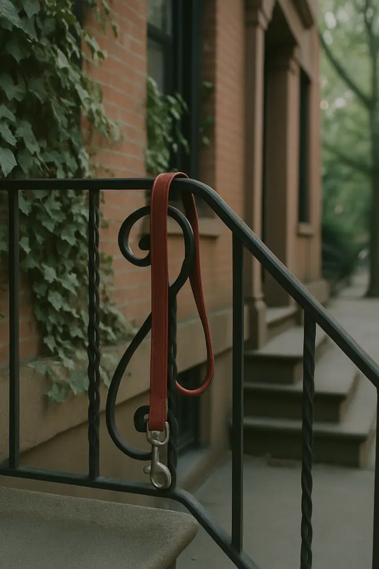 Red leash hanging on a brownstone stoop railing