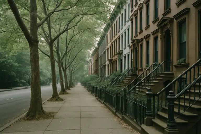Brownstone block with a row of street trees