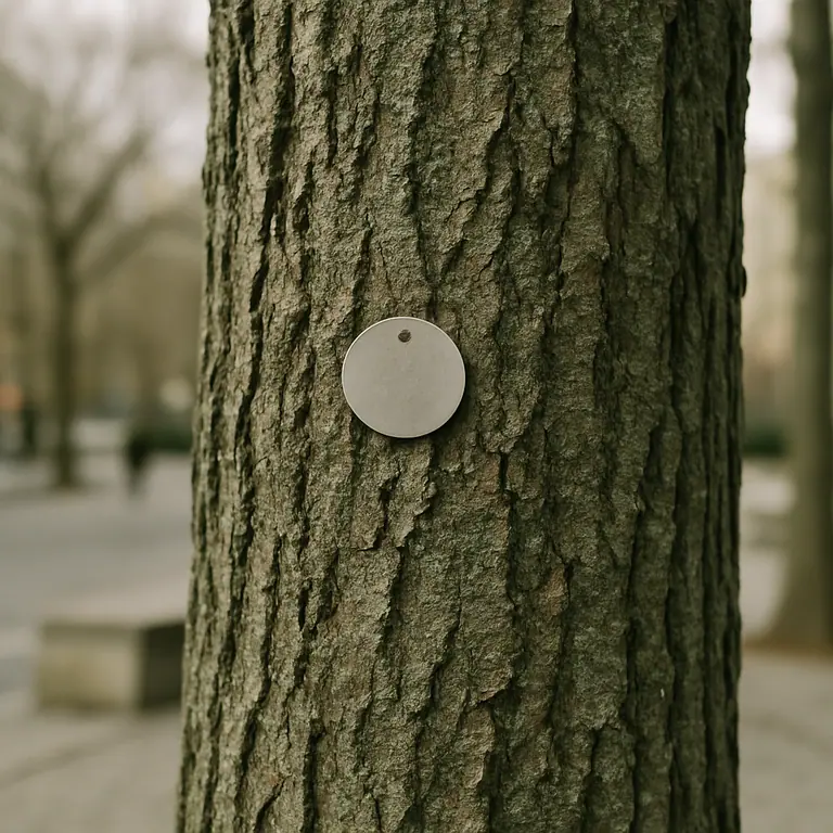 Tree trunk with a round metal inventory tag