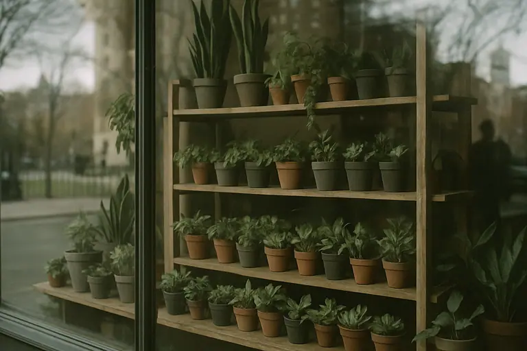 Plant shop window with potted plants on shelves