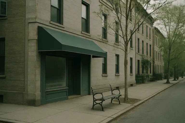 Corner storefront with a green awning and a bench