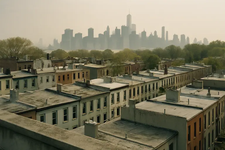 Brooklyn rooftops with the Manhattan skyline in haze