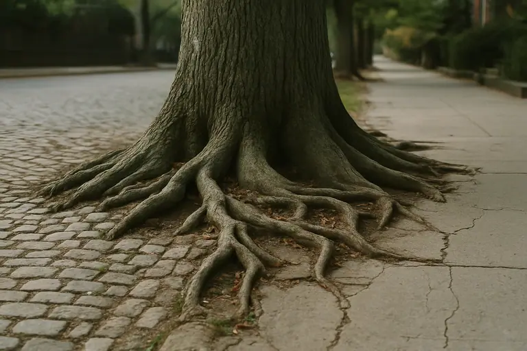 Tree roots spreading through cobblestones